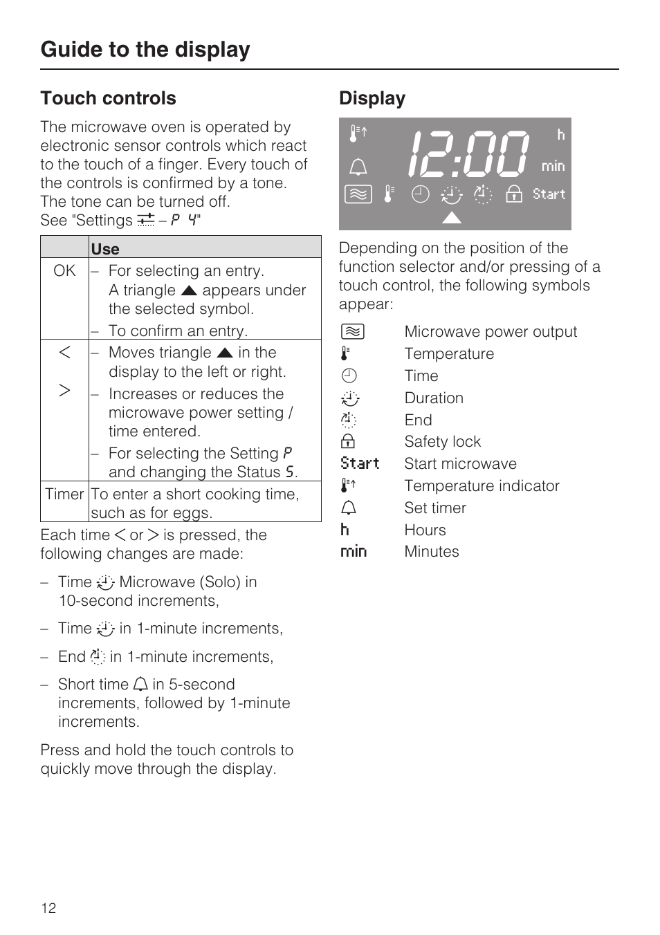 Touch controls 12, Display 12, I2:00 | Guide to the display, Touch controls, Display 3 n, 6 m t s 0 | Miele H 4044 BM User Manual | Page 12 / 56