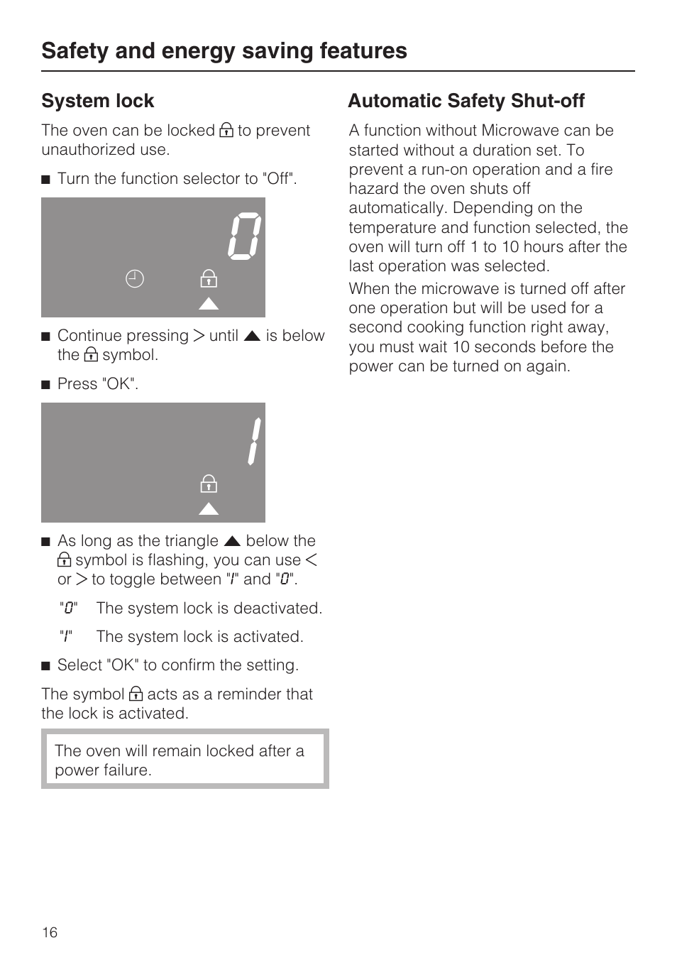Safety and energy saving features 16, Safety and energy saving features | Miele H 4044 BM User Manual | Page 16 / 56