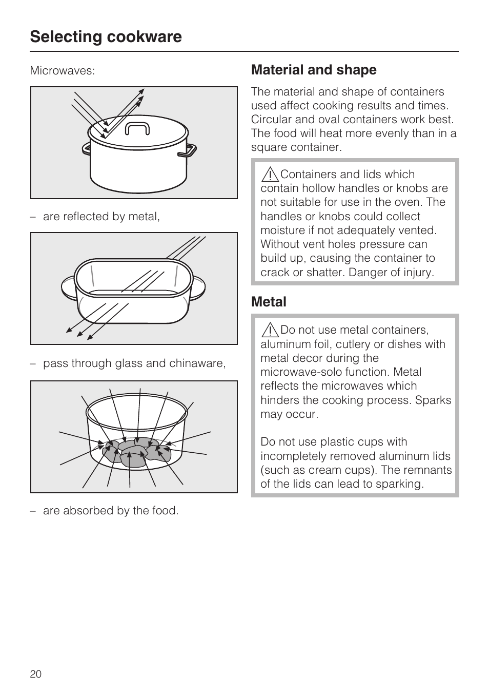 Selecting cookware 20, Selecting cookware | Miele H 4044 BM User Manual | Page 20 / 56