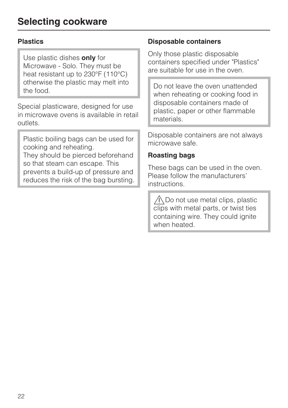 Selecting cookware | Miele H 4044 BM User Manual | Page 22 / 56