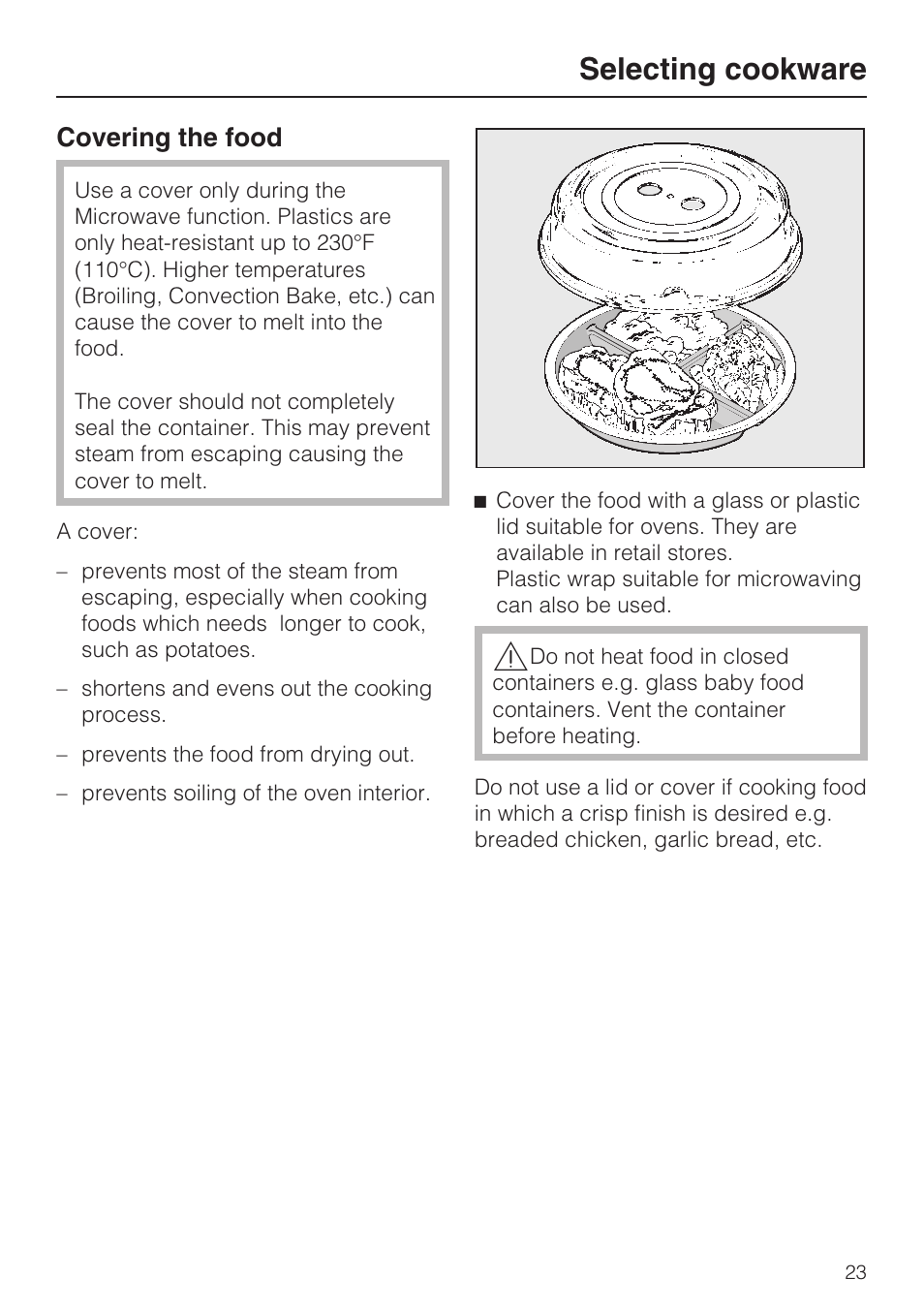 Selecting cookware, Covering the food | Miele H 4044 BM User Manual | Page 23 / 56