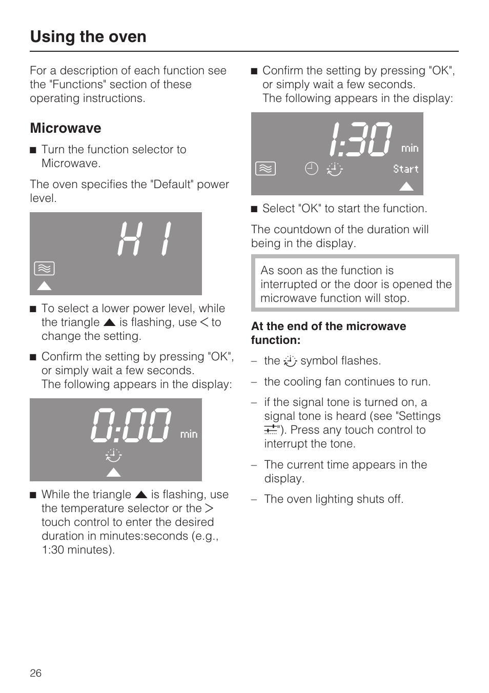 Using the oven 26, Microwave 26, I:30 | Using the oven | Miele H 4044 BM User Manual | Page 26 / 56