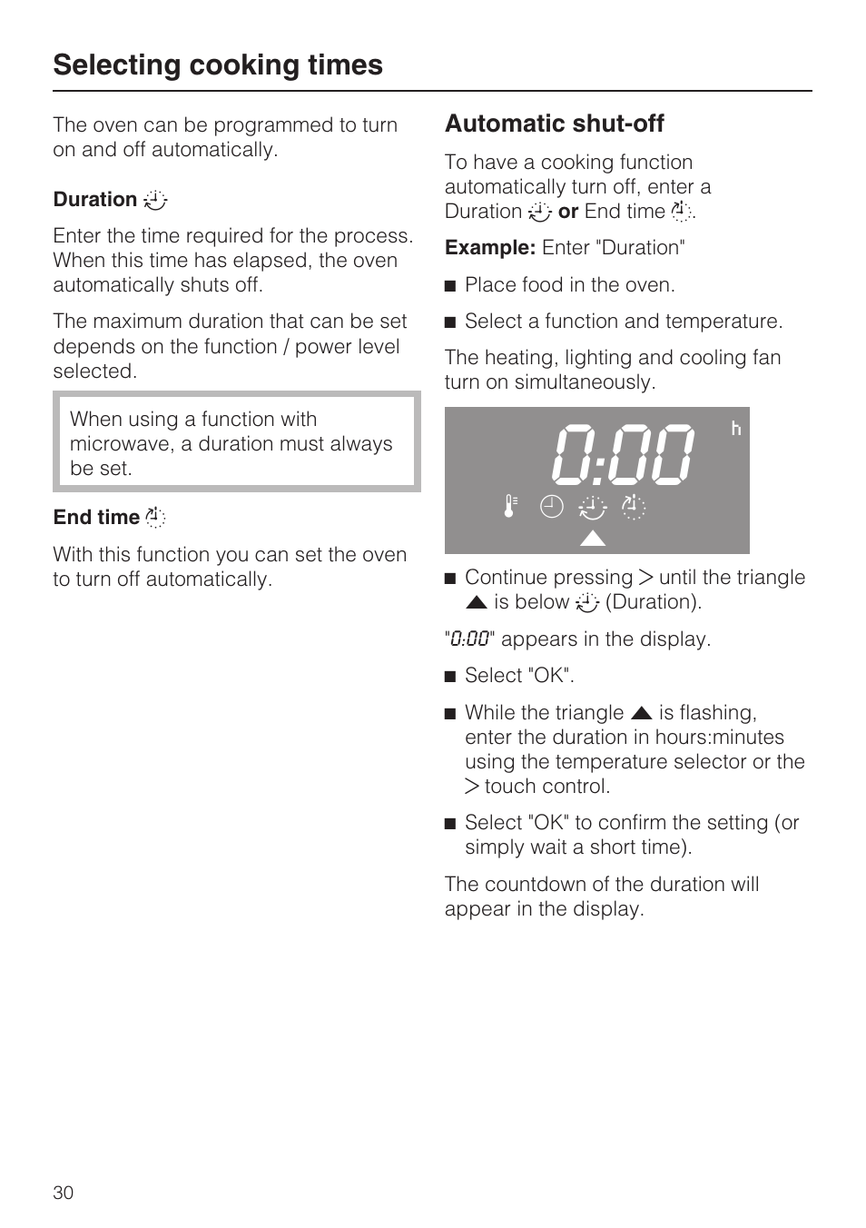 Selecting cooking times 30, Automatic shut-off 30, Selecting cooking times | Miele H 4044 BM User Manual | Page 30 / 56