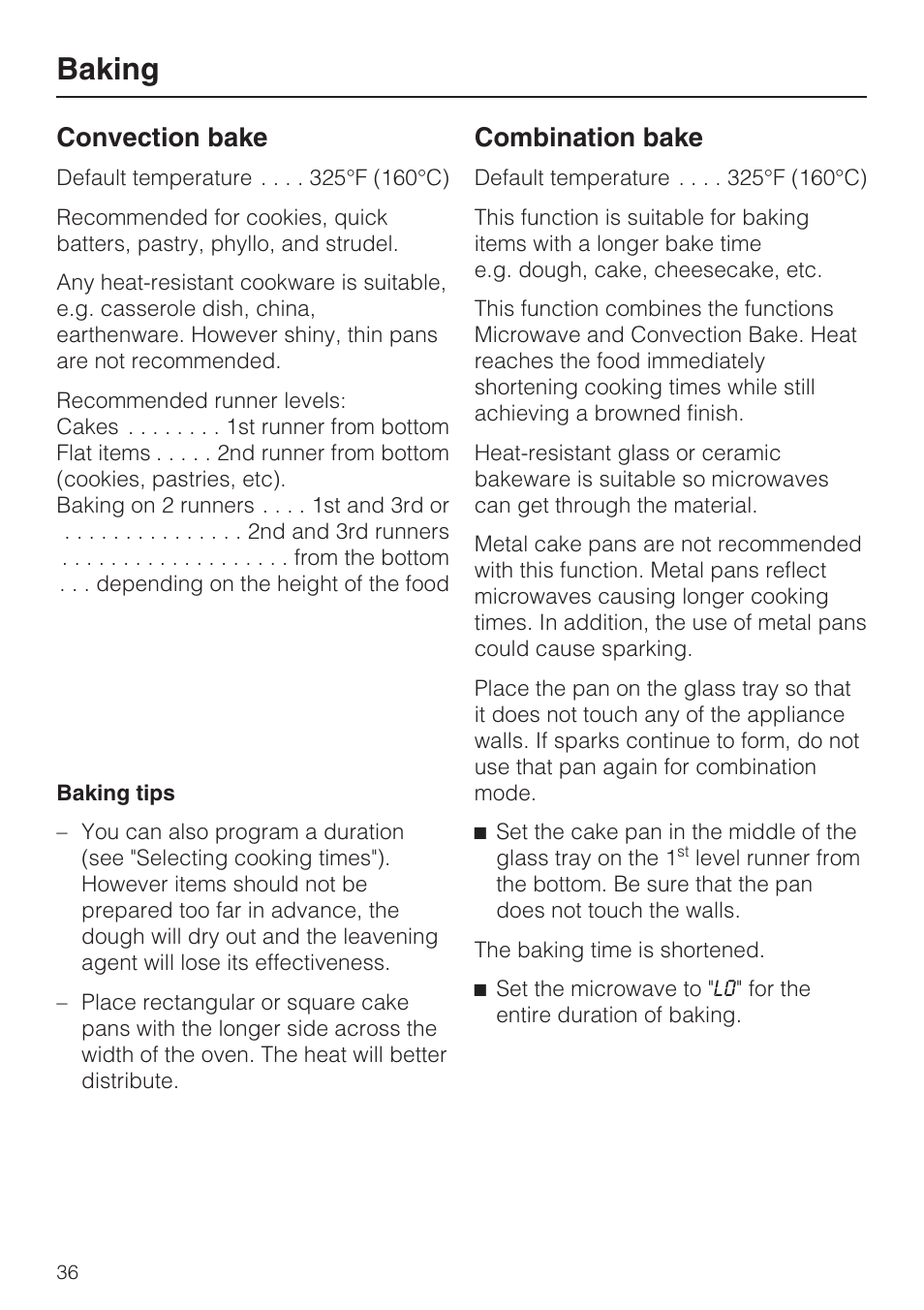 Baking 36, Convection bake 36, Combination bake 36 | Baking, Convection bake, Combination bake | Miele H 4044 BM User Manual | Page 36 / 56