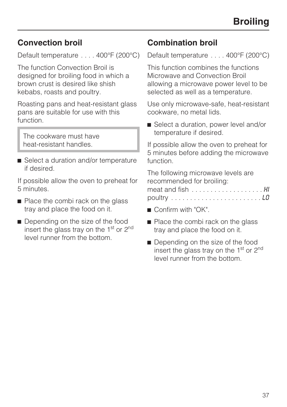 Broiling 37, Convection broil 37, Combination broil 37 | Broiling, Convection broil, Combination broil | Miele H 4044 BM User Manual | Page 37 / 56
