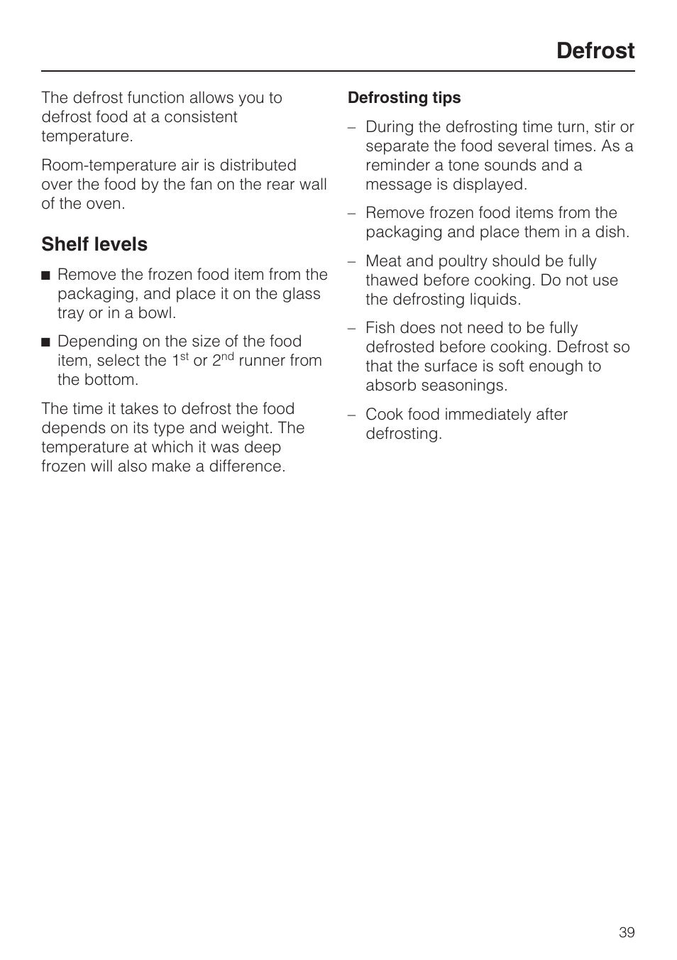 Defrost 39, Defrost, Shelf levels | Miele H 4044 BM User Manual | Page 39 / 56