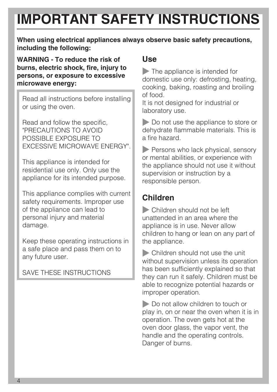 Important safety instructions 4, Important safety instructions | Miele H 4044 BM User Manual | Page 4 / 56