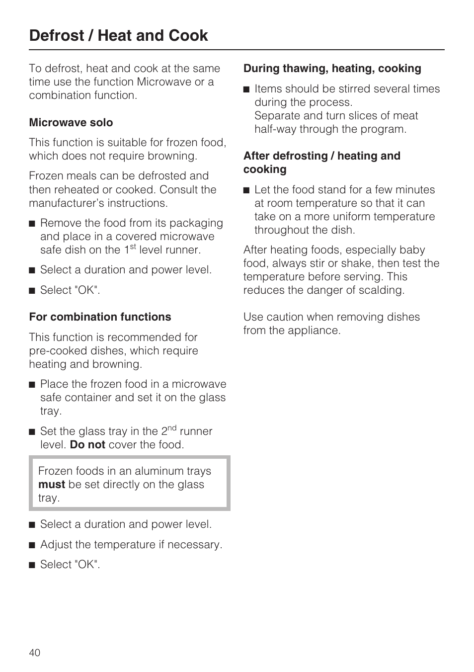 Defrost / heat and cook 40, Defrost / heat and cook | Miele H 4044 BM User Manual | Page 40 / 56