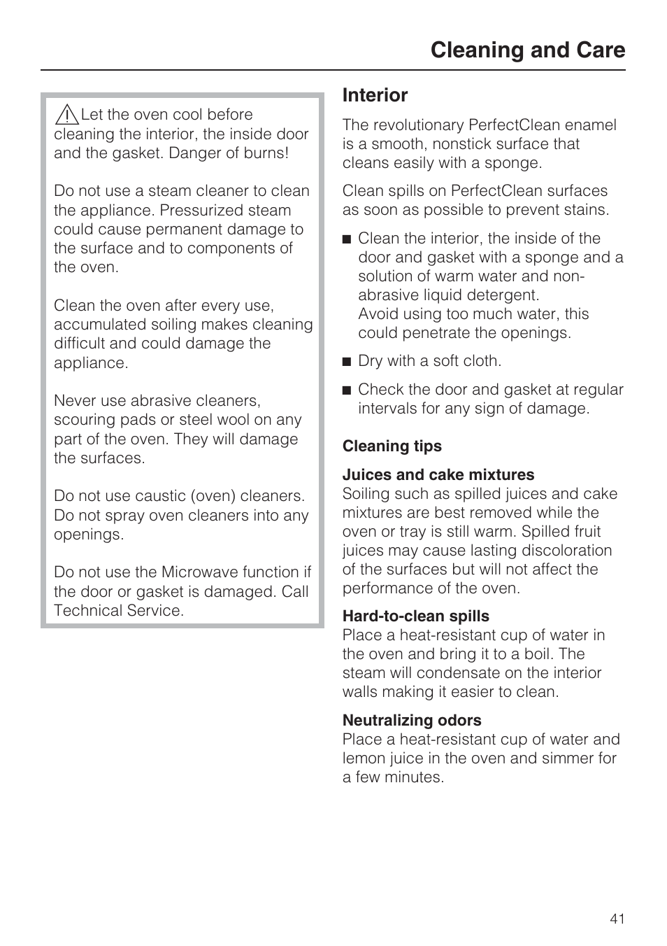 Cleaning and care 41, Interior 41, Cleaning and care | Interior | Miele H 4044 BM User Manual | Page 41 / 56