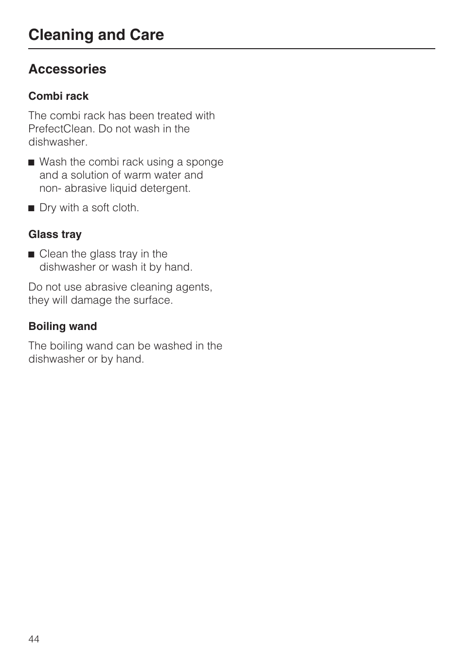 Accessories 44, Cleaning and care, Accessories | Miele H 4044 BM User Manual | Page 44 / 56