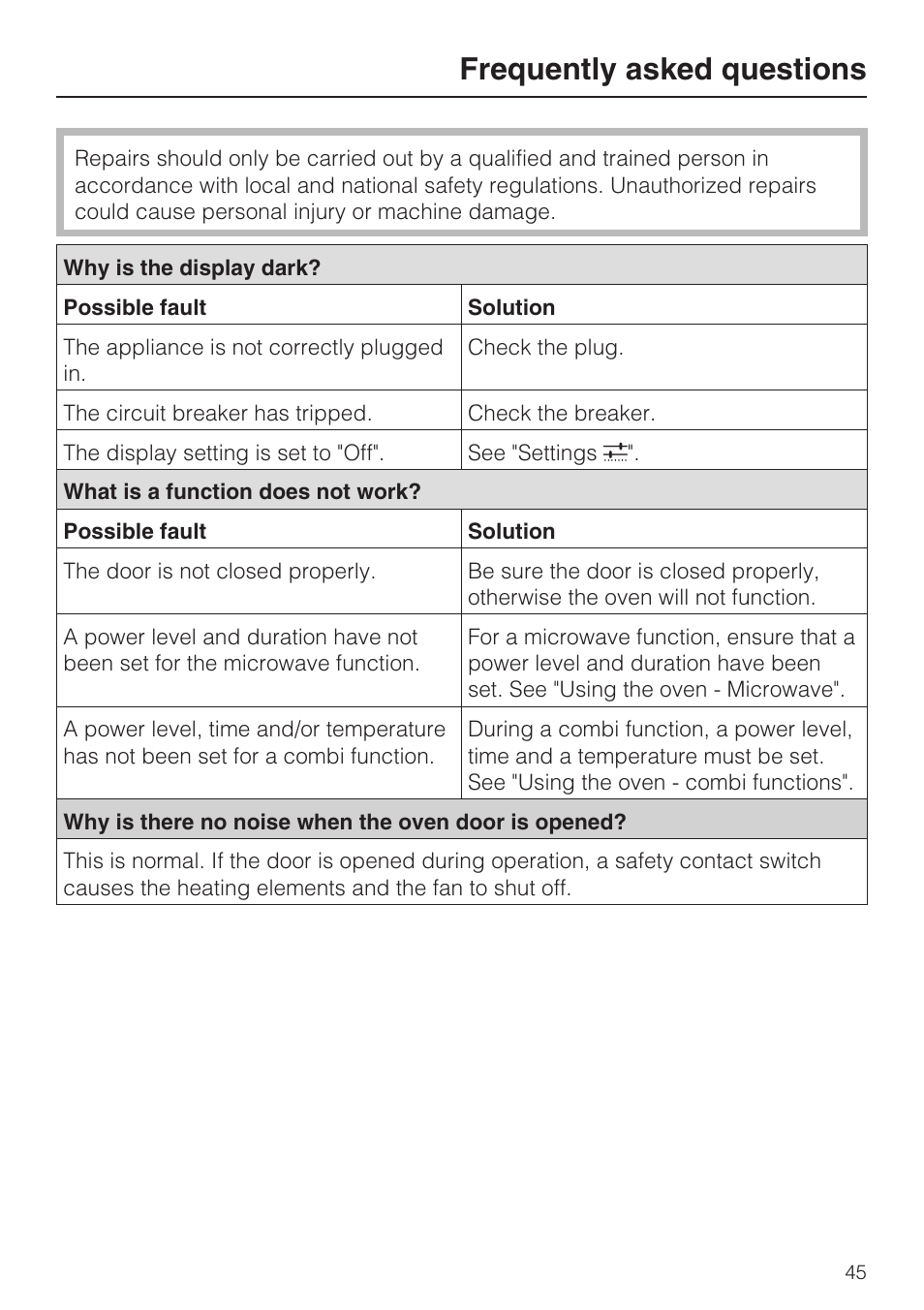 Frequently asked questions 45, Frequently asked questions | Miele H 4044 BM User Manual | Page 45 / 56