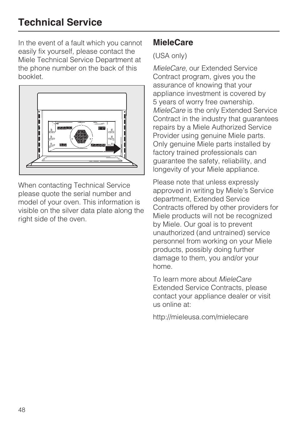 Technical service 48, Technical service, Mielecare | Miele H 4044 BM User Manual | Page 48 / 56