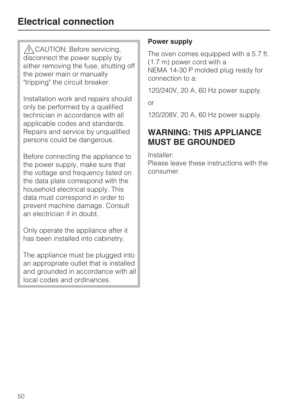 Electrical connection 50, Electrical connection, Warning: this appliance must be grounded | Miele H 4044 BM User Manual | Page 50 / 56