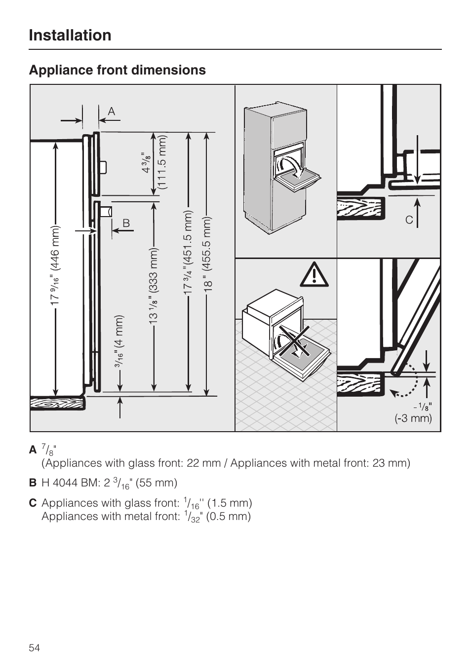 Appliance front dimensions 54, Installation, Appliance front dimensions | Miele H 4044 BM User Manual | Page 54 / 56