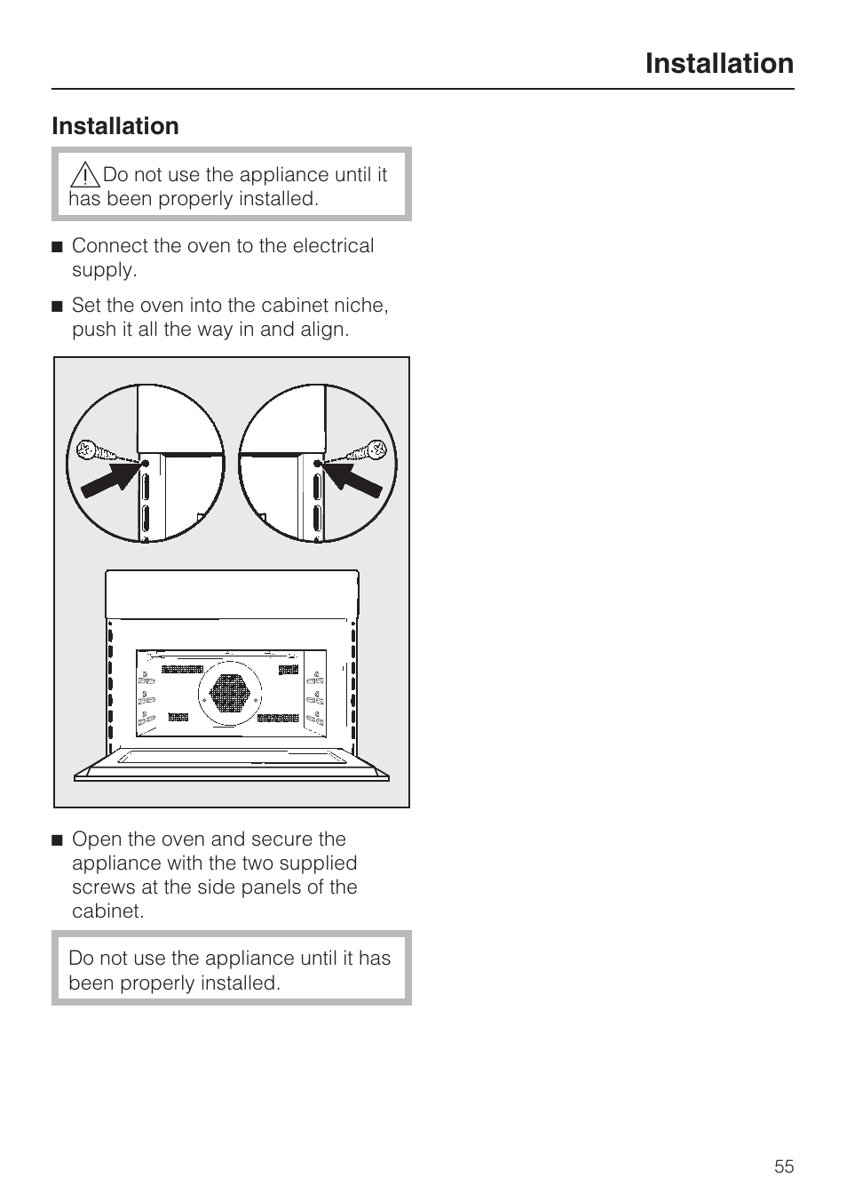 Installation 55, Installation | Miele H 4044 BM User Manual | Page 55 / 56