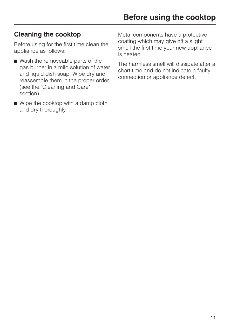 Before using the cooktop 11, Cleaning the cooktop 11, Before using the cooktop | Cleaning the cooktop | Miele KM360G User Manual | Page 11 / 20