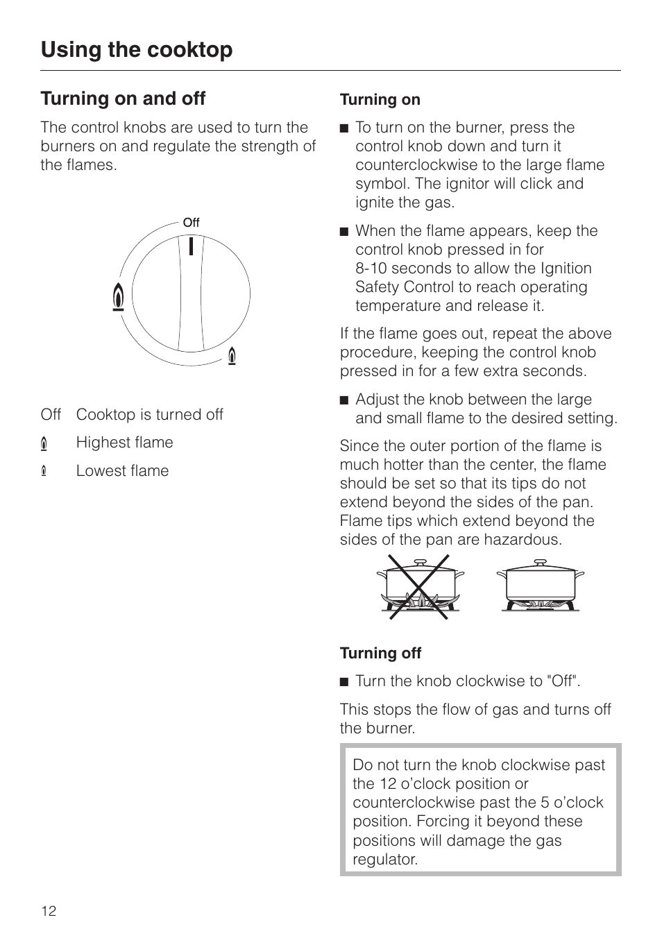 Using the cooktop 12, Turning on and off 12, Using the cooktop | Turning on and off | Miele KM360G User Manual | Page 12 / 20