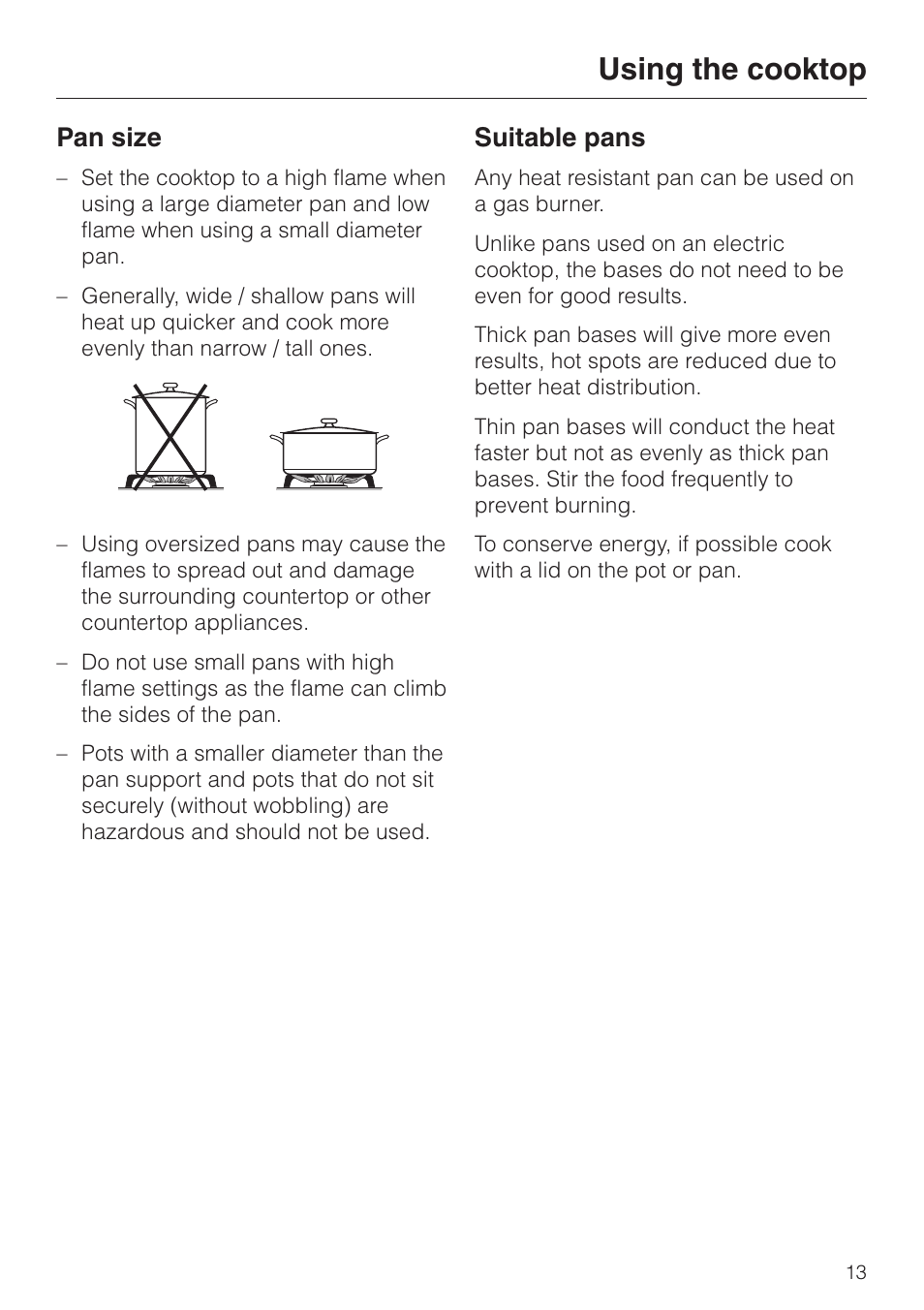 Pan size 13, Suitable pans 13, Pan size suitable pans | Using the cooktop, Pan size, Suitable pans | Miele KM360G User Manual | Page 13 / 20