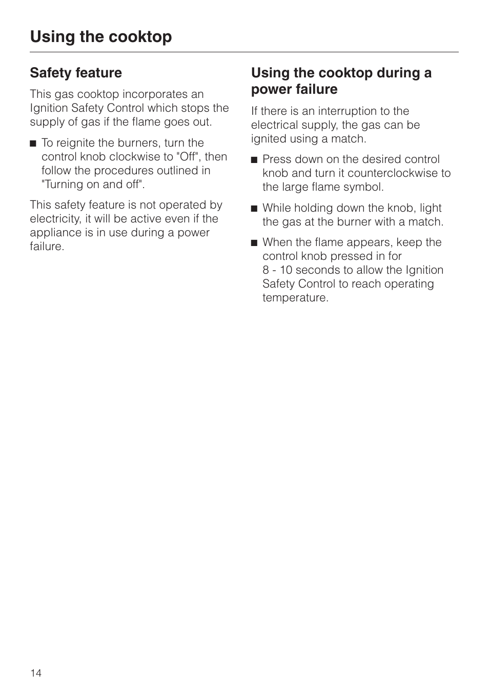 Safety feature 14, Using the cooktop during a power failure 14, Using the cooktop | Safety feature, Using the cooktop during a power failure | Miele KM360G User Manual | Page 14 / 20