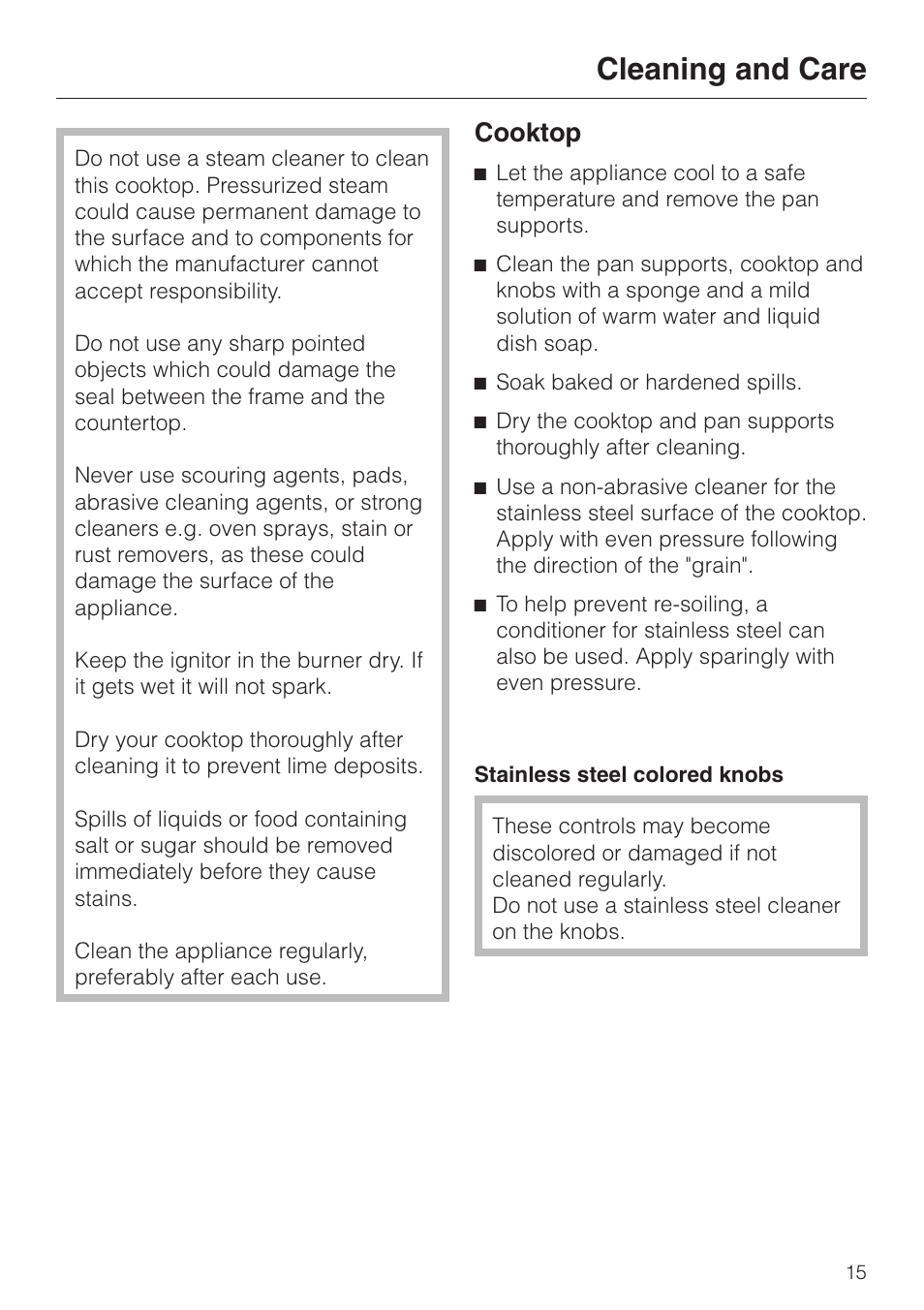 Cleaning and care 15, Cleaning and care, Cooktop | Miele KM360G User Manual | Page 15 / 20