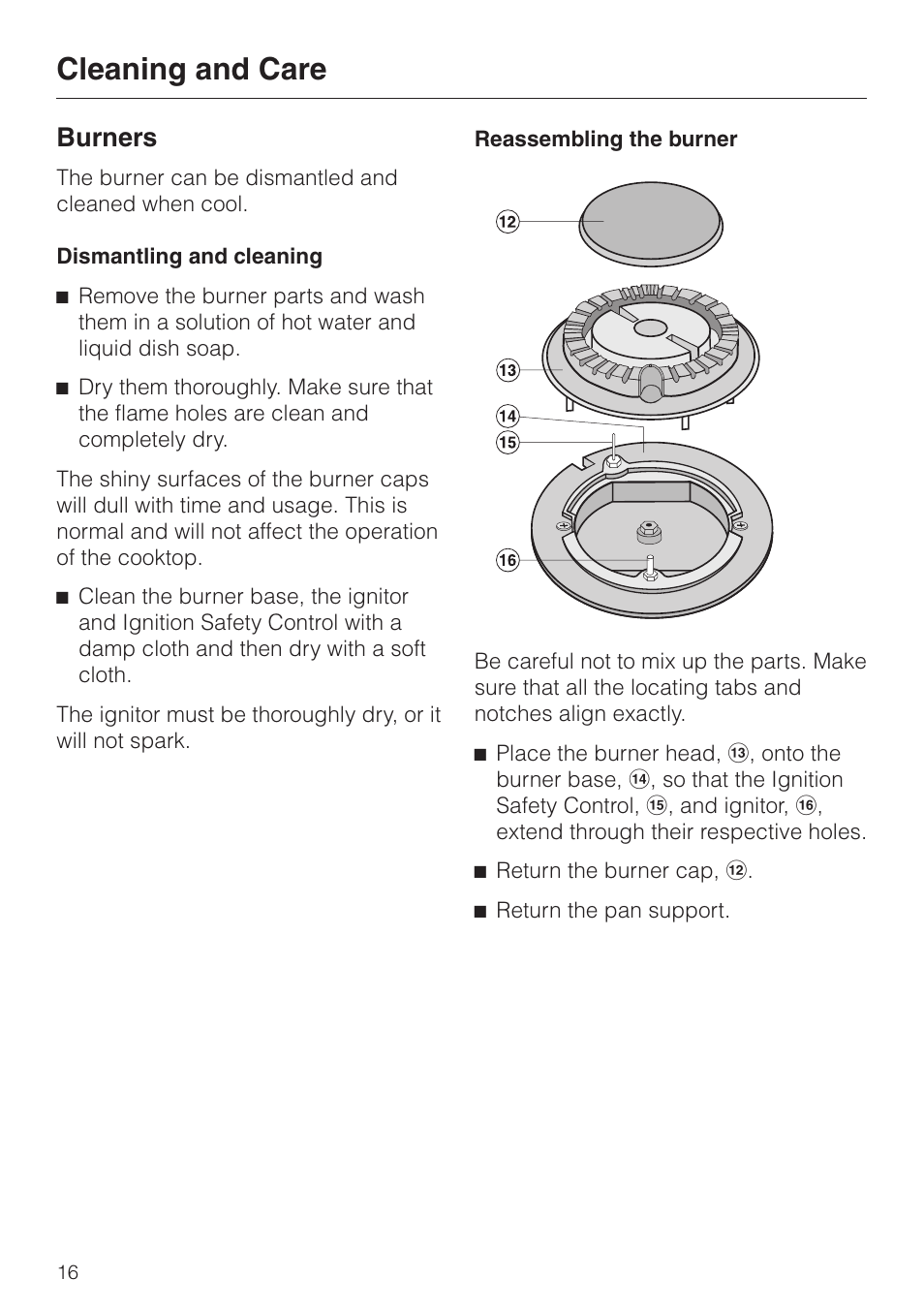 Burners 16, Burners, Cleaning and care | Miele KM360G User Manual | Page 16 / 20