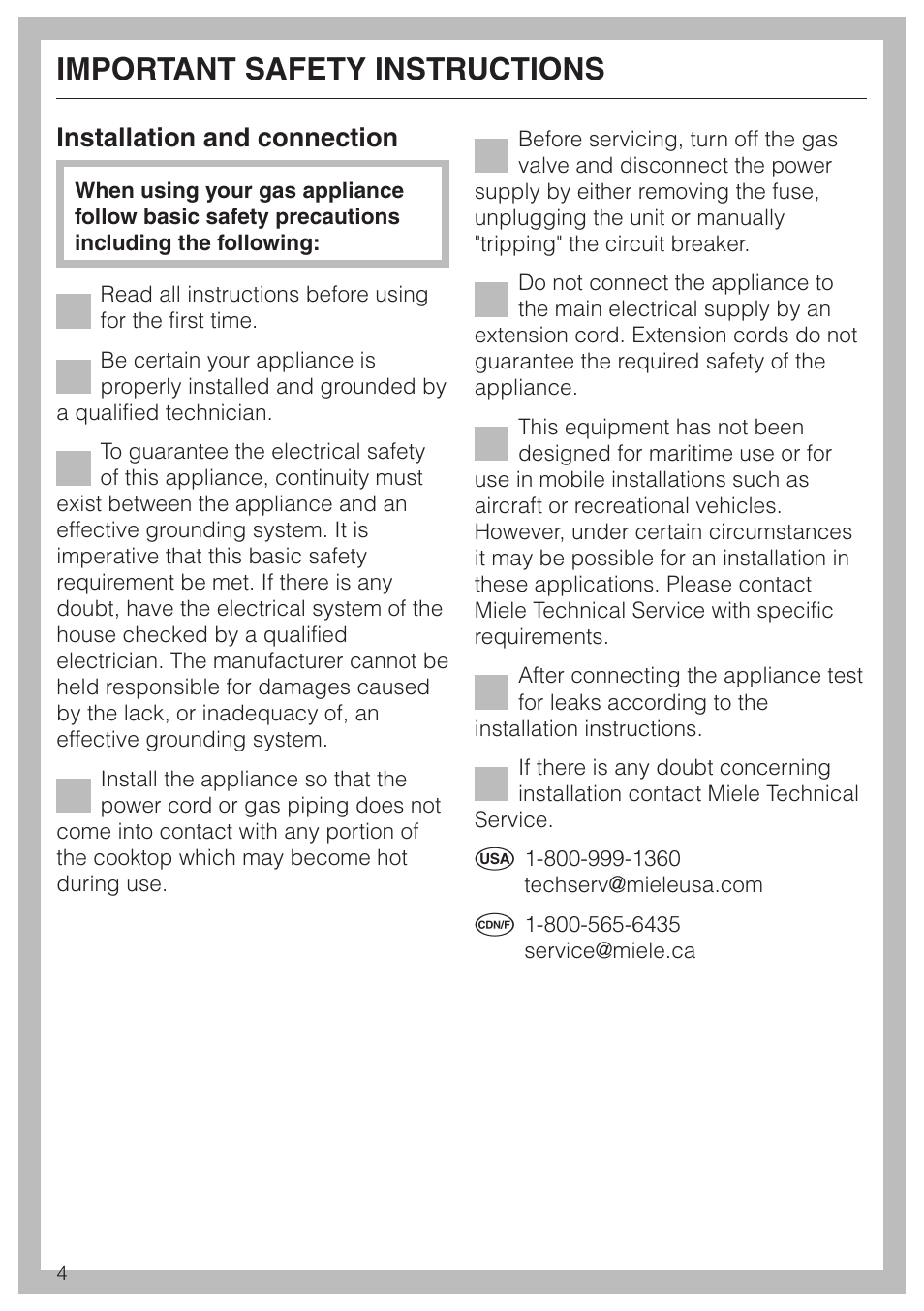 Important safety instructions 4, Important safety instructions, Installation and connection | Miele KM360G User Manual | Page 4 / 20