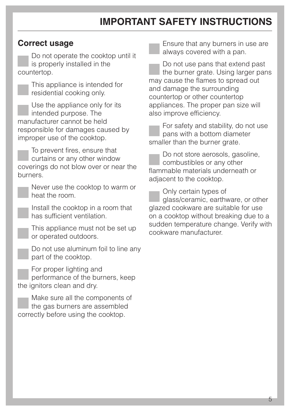 Important safety instructions, Correct usage | Miele KM360G User Manual | Page 5 / 20