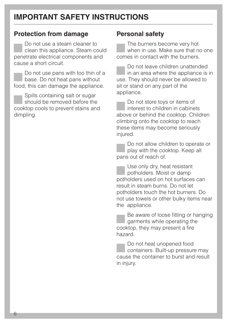 Important safety instructions, Protection from damage, Personal safety | Miele KM360G User Manual | Page 6 / 20