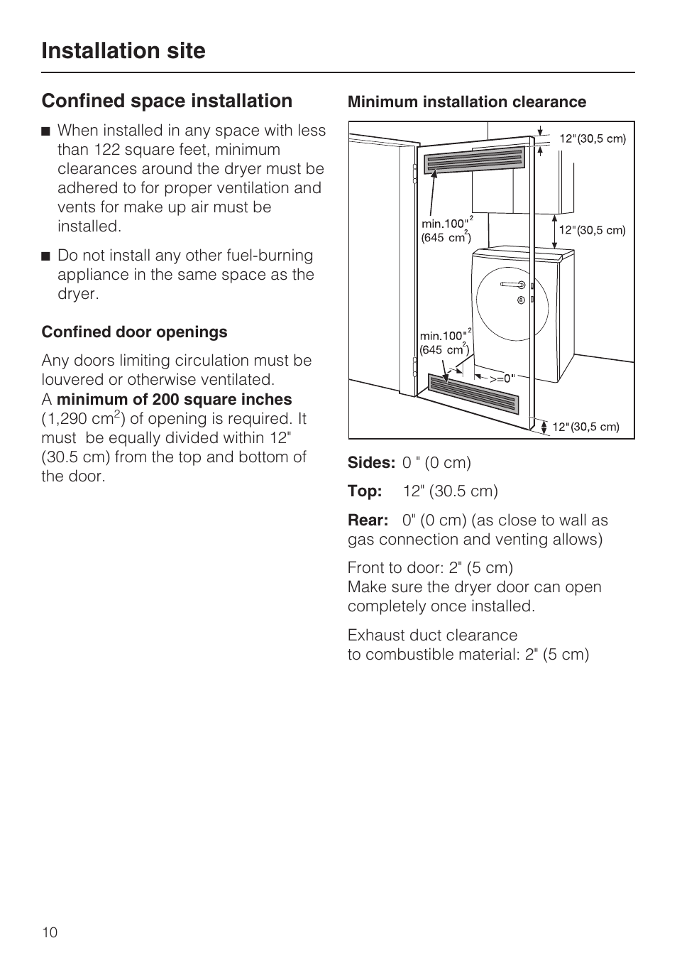 Installation site, Confined space installation | Miele T9820 User Manual | Page 10 / 28