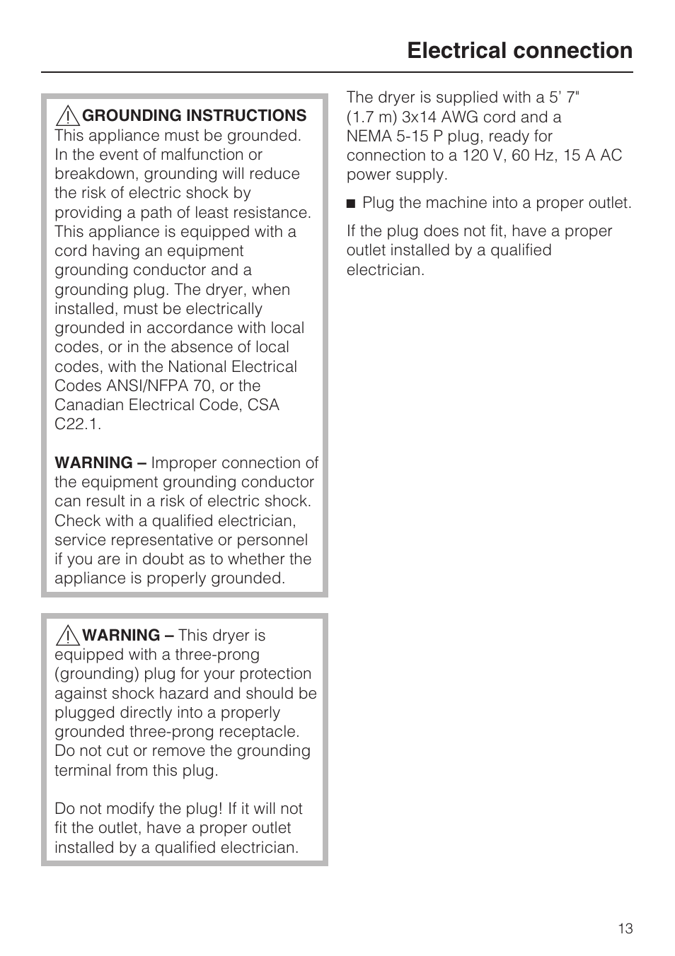 Electrical connection 13, Electrical connection | Miele T9820 User Manual | Page 13 / 28