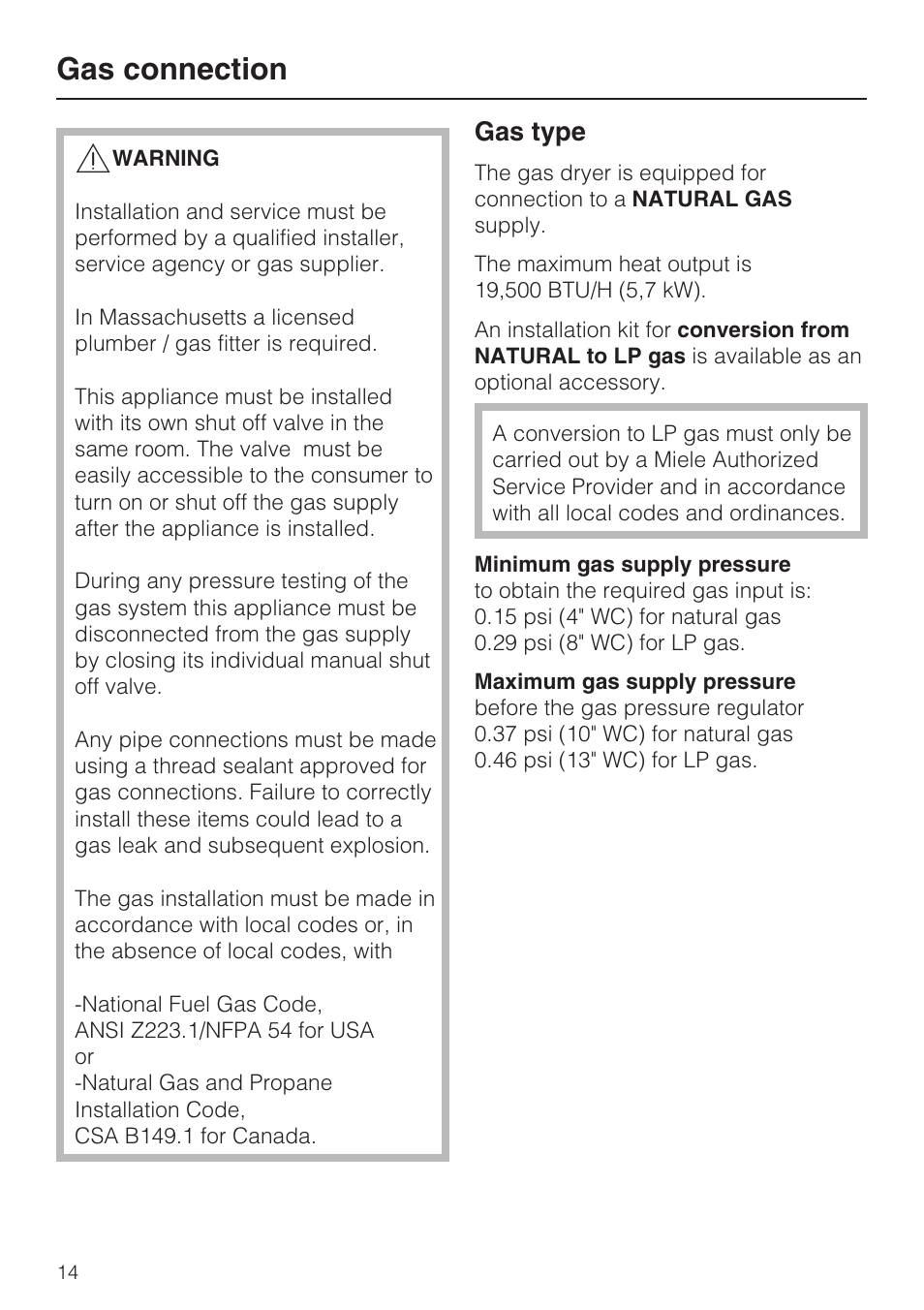 Gas connection 14, Gas connection, Gas type | Miele T9820 User Manual | Page 14 / 28