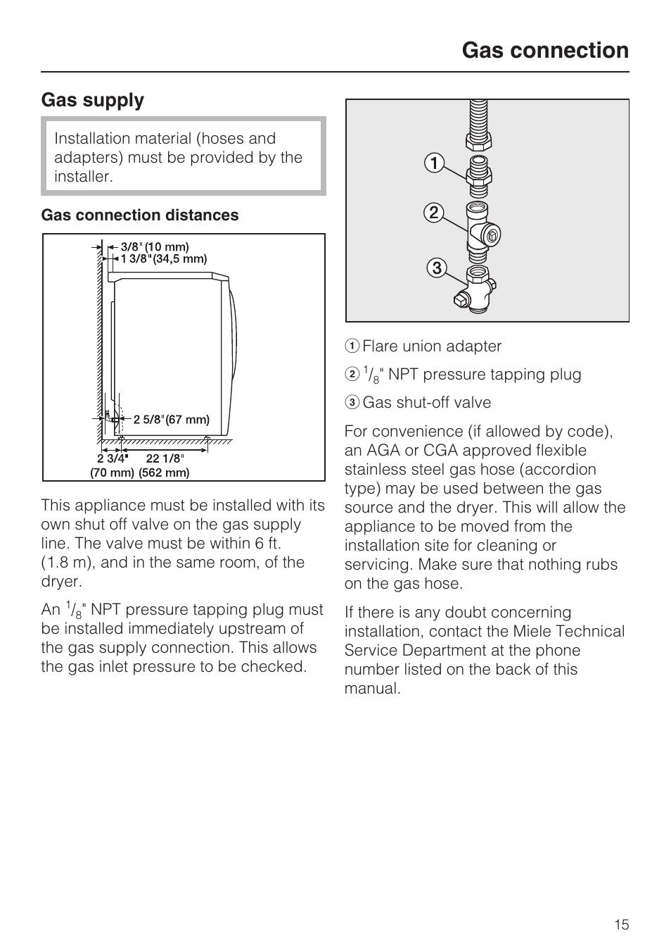 Gas connection, Gas supply | Miele T9820 User Manual | Page 15 / 28