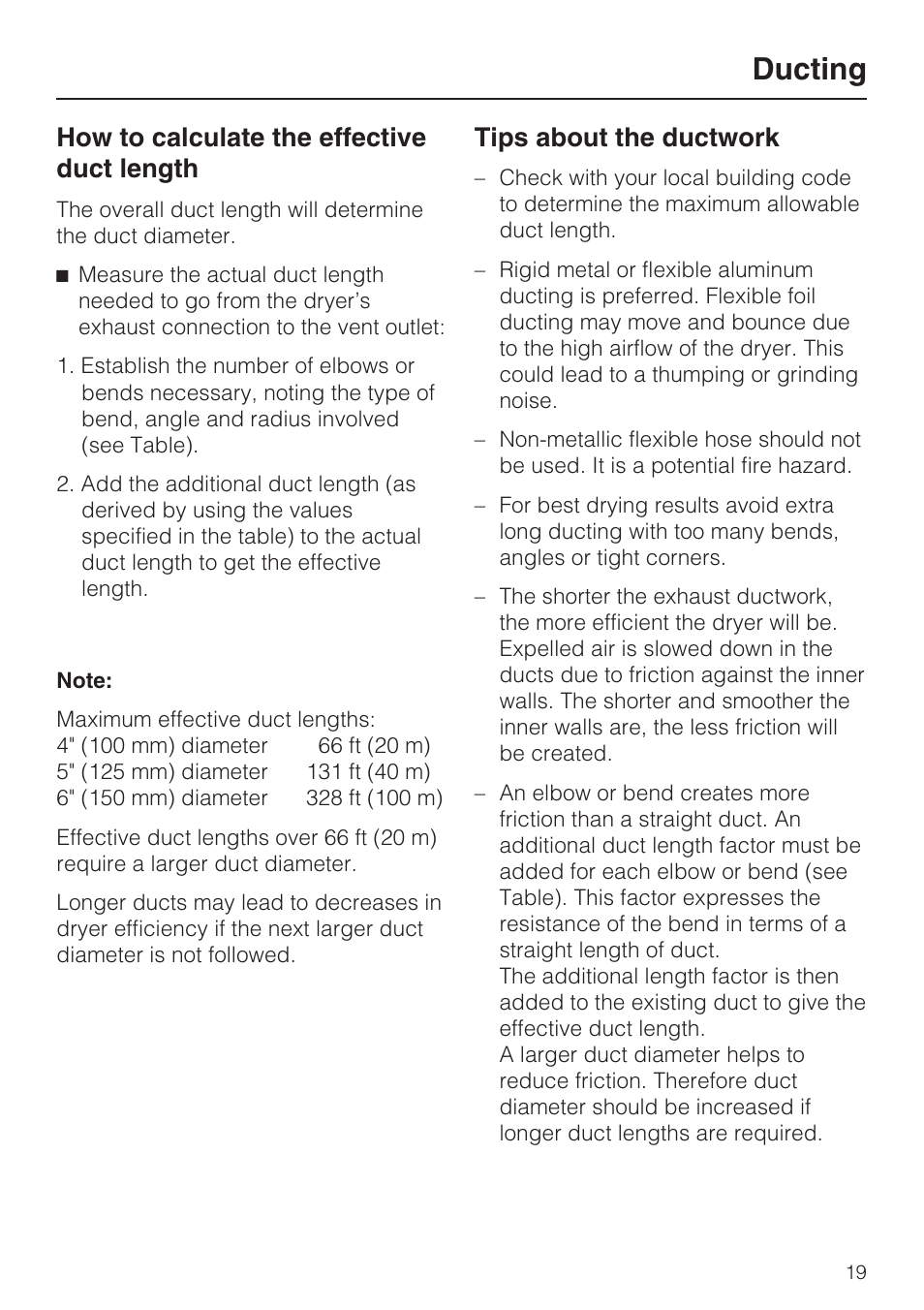 How to calculate the effective duct length 19, Ducting, How to calculate the effective duct length | Tips about the ductwork | Miele T9820 User Manual | Page 19 / 28