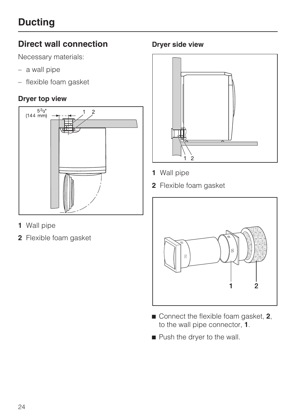Direct wall connection 24, Ducting, Direct wall connection | Miele T9820 User Manual | Page 24 / 28