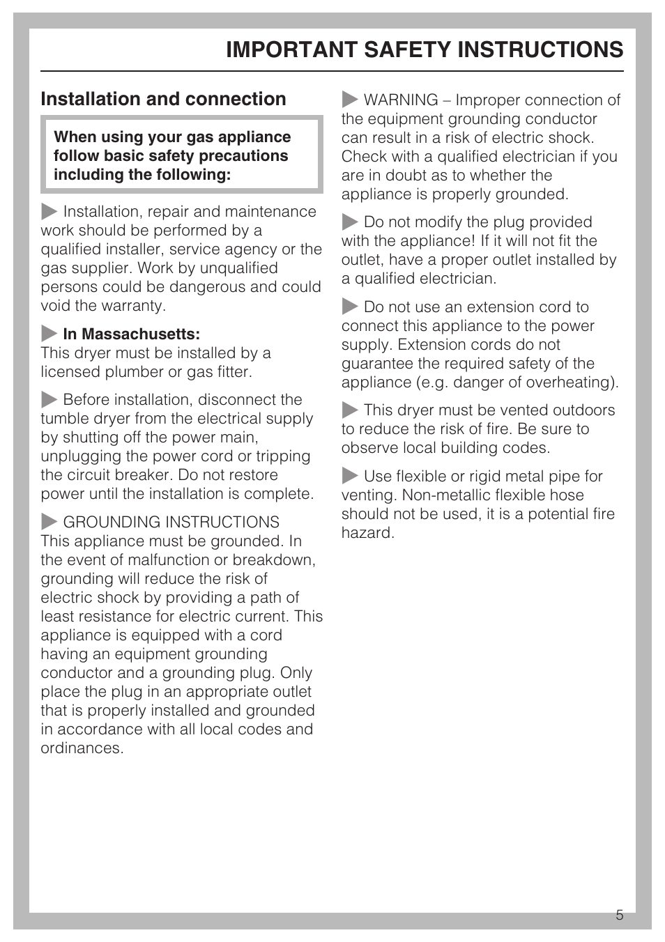 Important safety instructions 5, Important safety instructions | Miele T9820 User Manual | Page 5 / 28