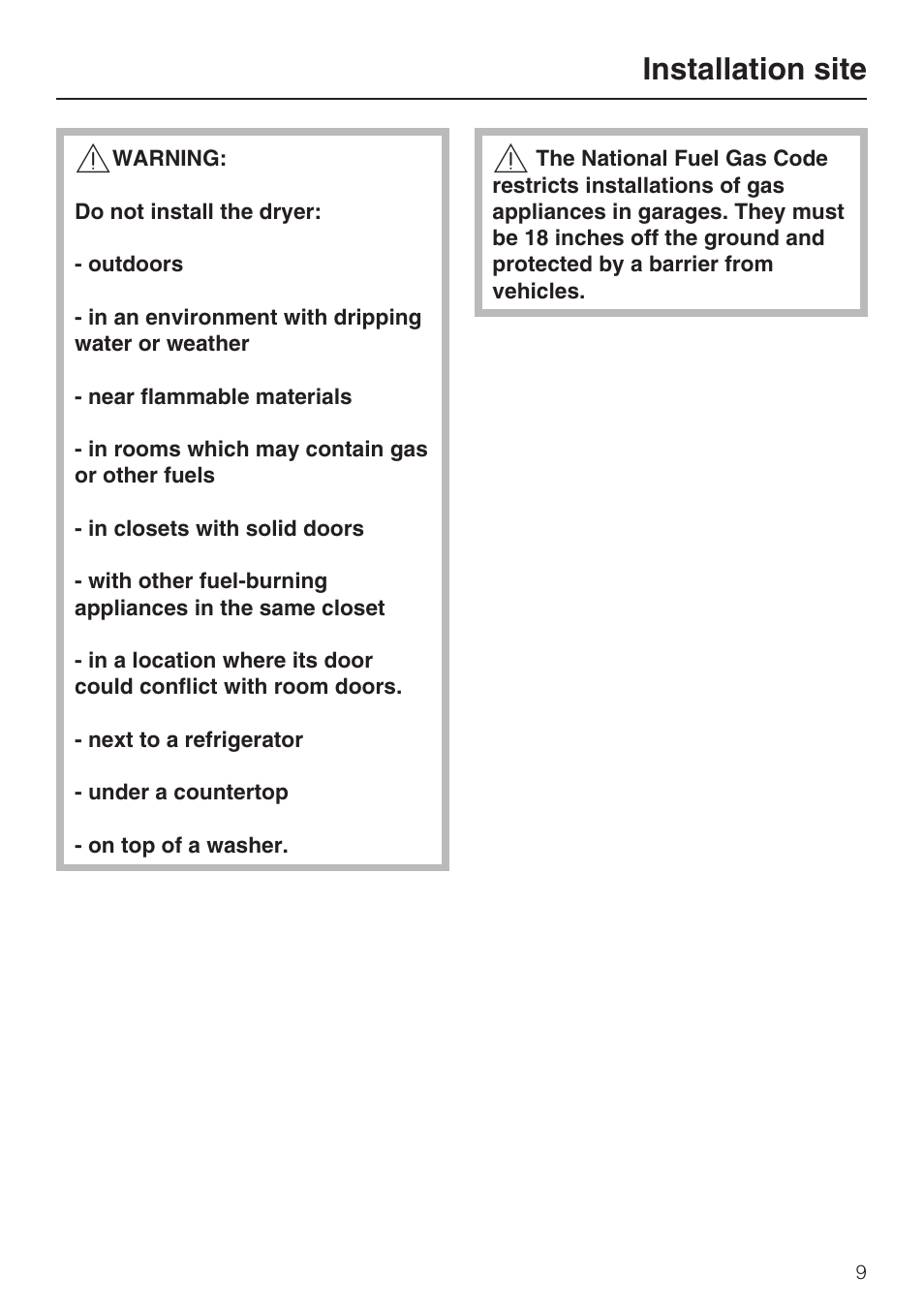 Installation site 9, Installation site | Miele T9820 User Manual | Page 9 / 28