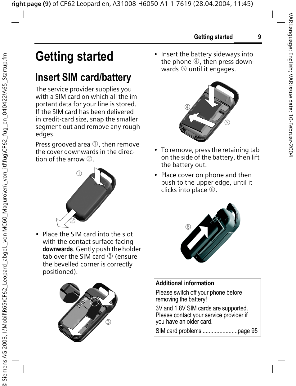 Getting started, Insert sim card/battery | Siemens CF62 User Manual | Page 10 / 122