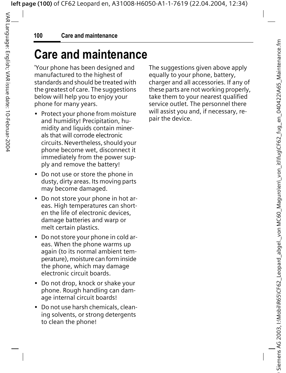 Care and maintenance | Siemens CF62 User Manual | Page 101 / 122