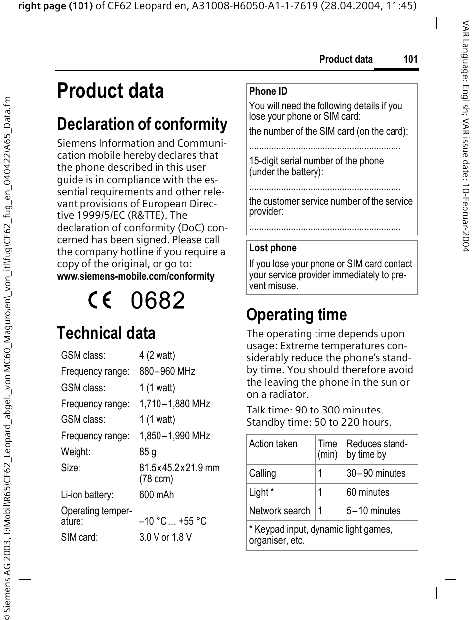 Product data, Declaration of conformity, Technical data | Operating time | Siemens CF62 User Manual | Page 102 / 122