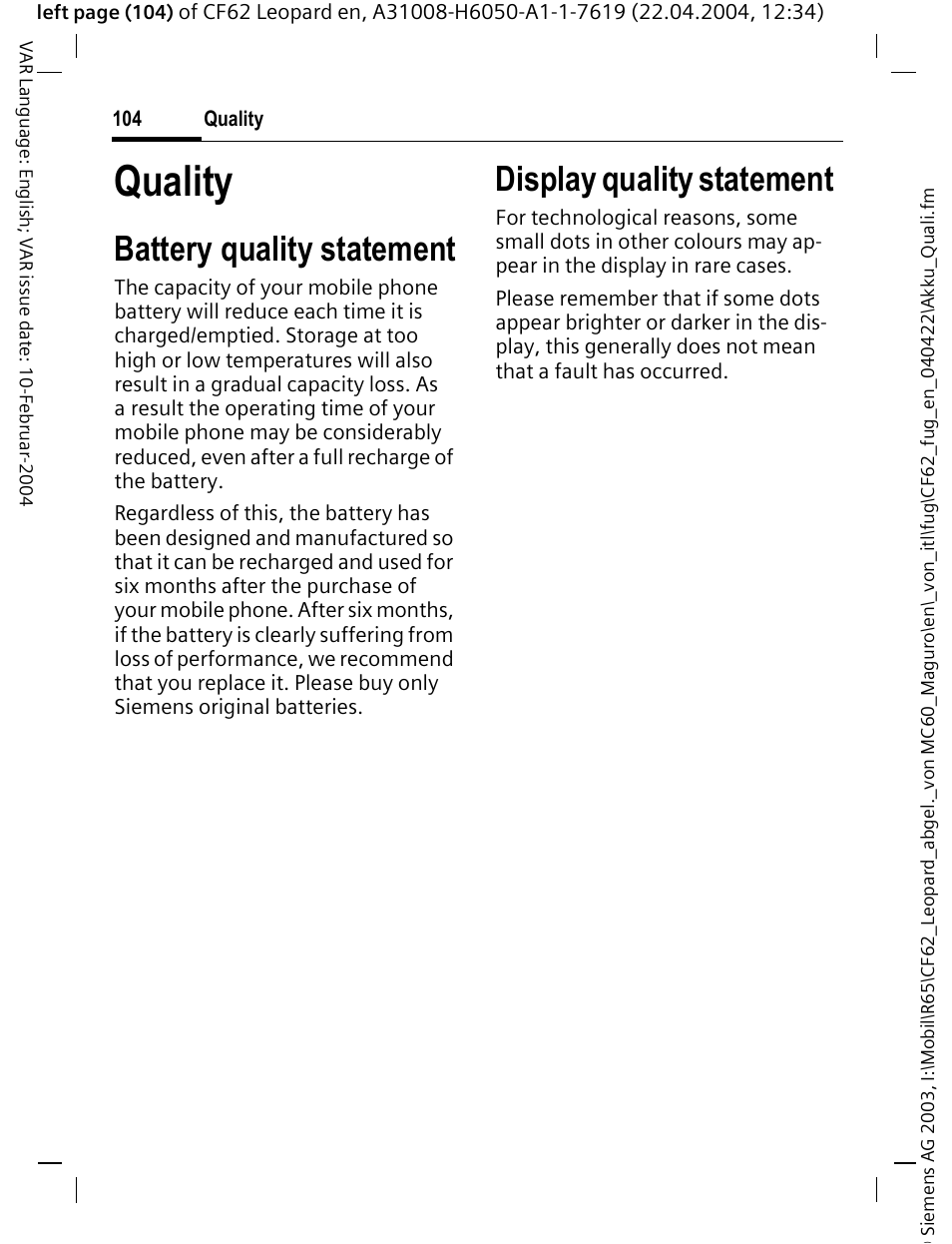 Quality, Battery quality statement, Display quality statement | Siemens CF62 User Manual | Page 105 / 122