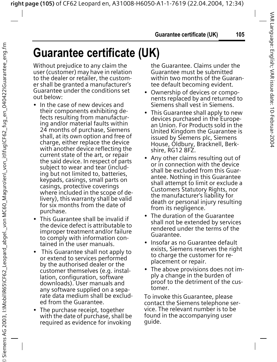Guarantee certificate (uk) | Siemens CF62 User Manual | Page 106 / 122
