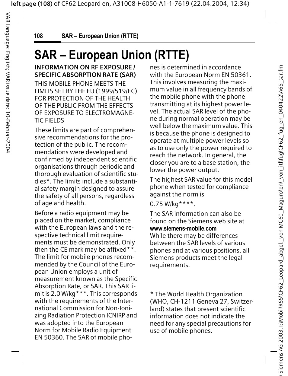 Sar – european union (rtte) | Siemens CF62 User Manual | Page 109 / 122