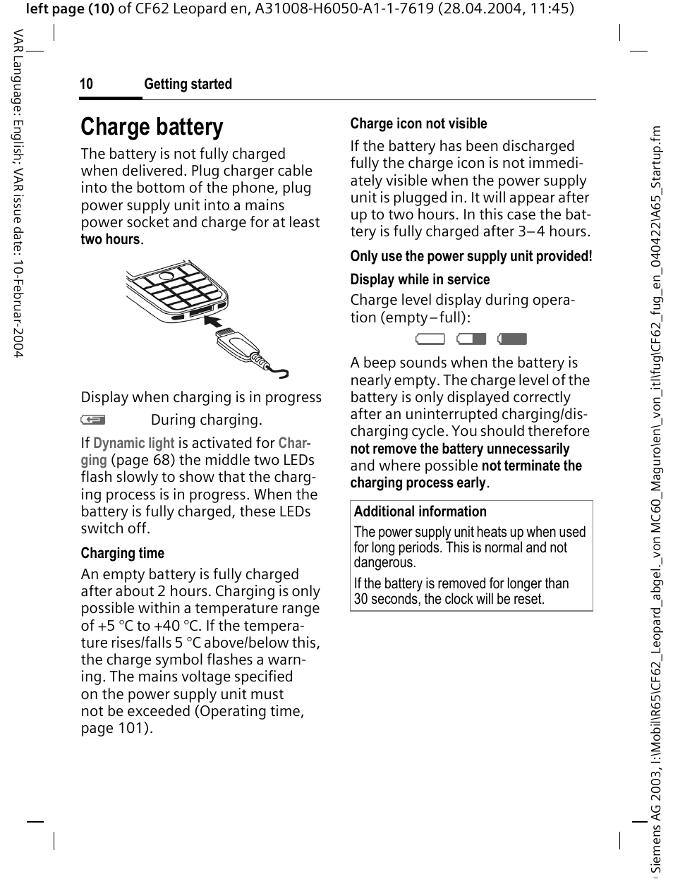 Charge battery, A d g | Siemens CF62 User Manual | Page 11 / 122