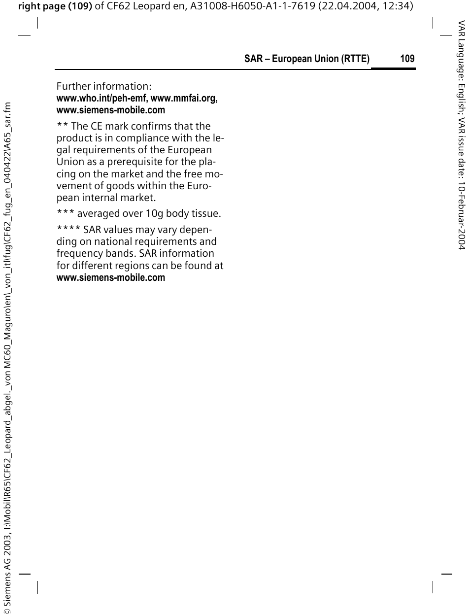 Siemens CF62 User Manual | Page 110 / 122