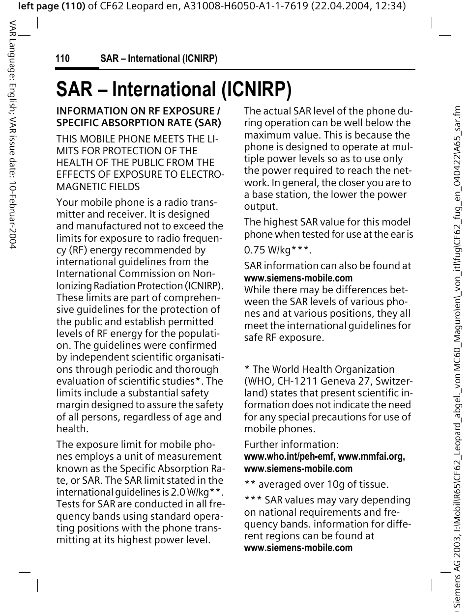 Sar – international (icnirp) | Siemens CF62 User Manual | Page 111 / 122