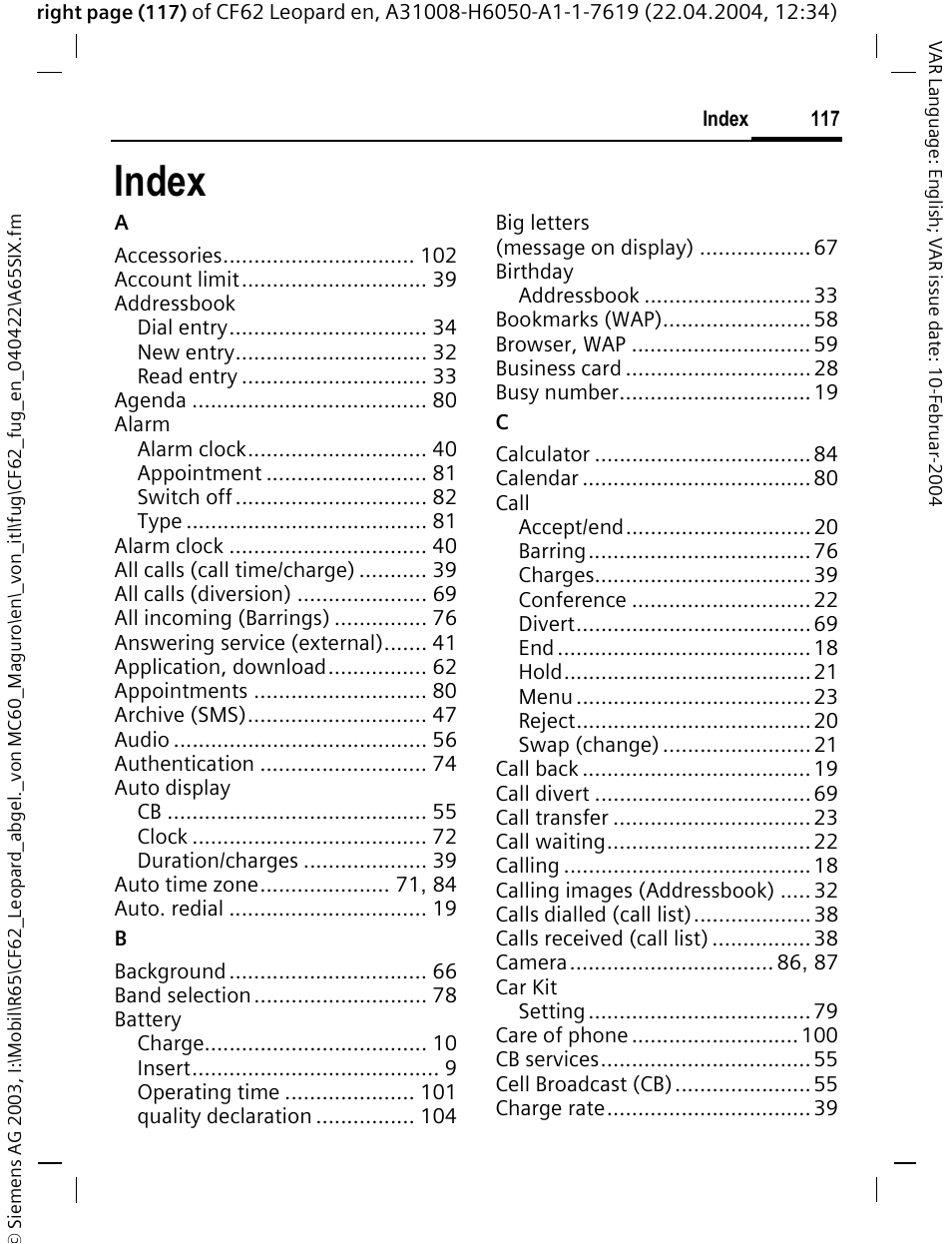 Index | Siemens CF62 User Manual | Page 118 / 122