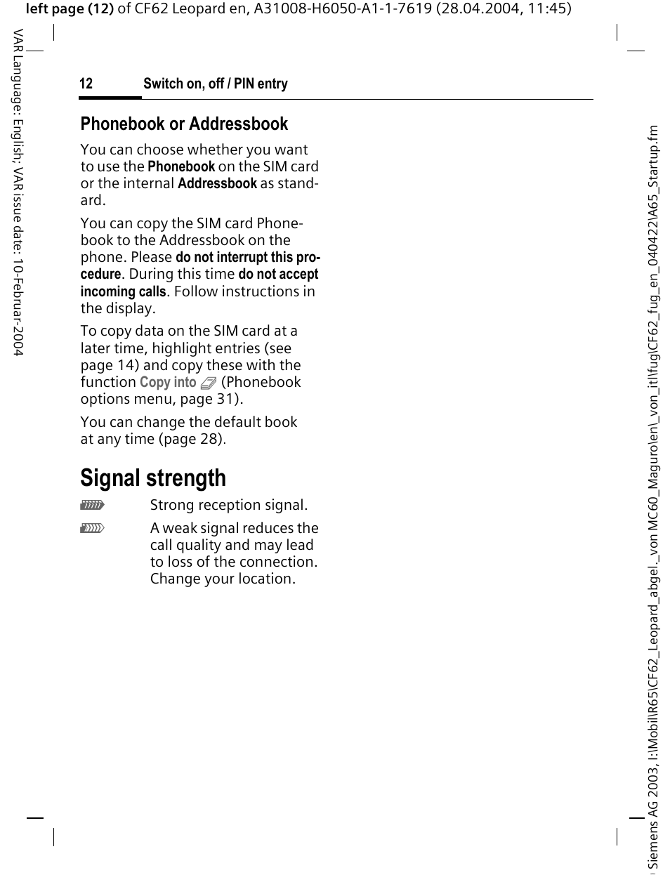 Signal strength, Phonebook or addressbook | Siemens CF62 User Manual | Page 13 / 122