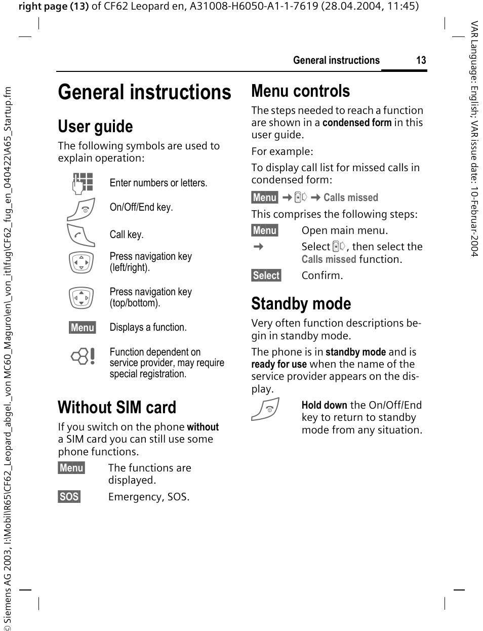 General instructions, User guide, Without sim card | Menu controls, Standby mode | Siemens CF62 User Manual | Page 14 / 122