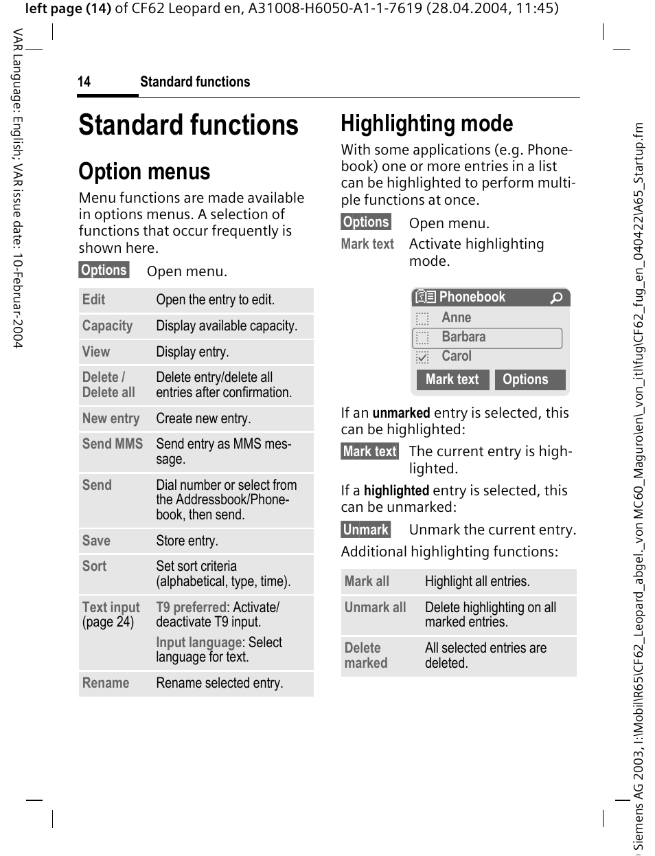 Standard functions, Option menus, Highlighting mode | S (see | Siemens CF62 User Manual | Page 15 / 122