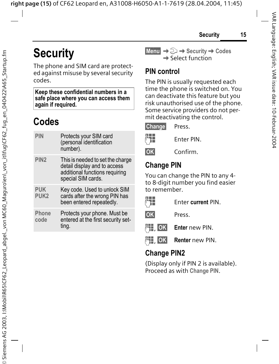 Security, Codes, Pin control | Change pin, Change pin2 | Siemens CF62 User Manual | Page 16 / 122